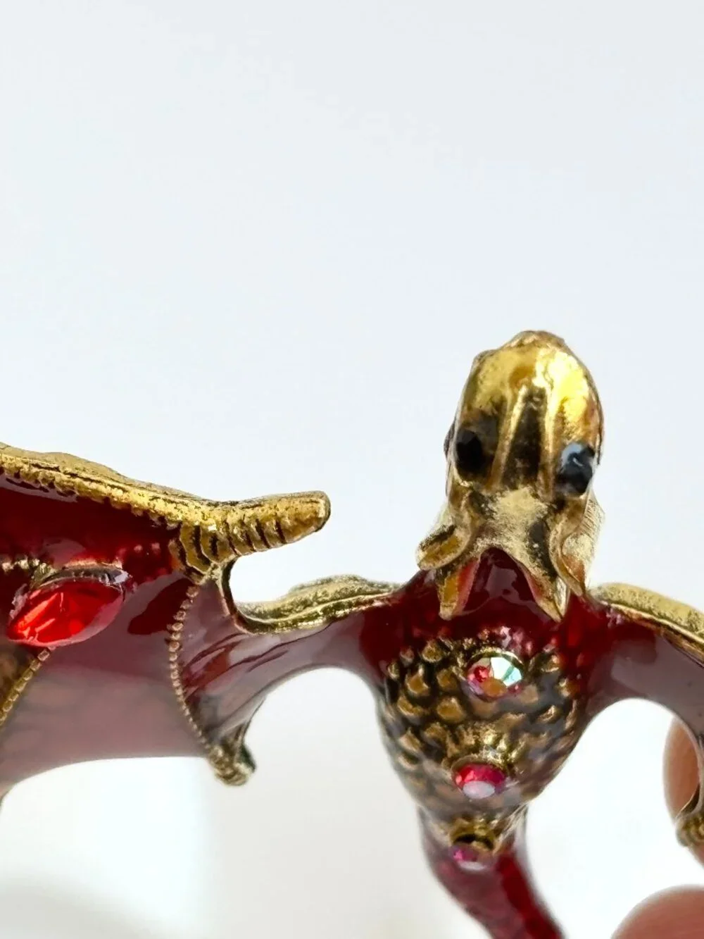 Flying Dragon Figural Red Winged Enameled Rhinestone Ornate Textured Brooch Pin
